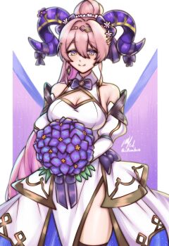 1girl alternate_costume bare_shoulders bouquet bow bowtie breasts bride cleavage cleavage_cutout closed_mouth clothing_cutout collared_dress commentary cowboy_shot detached_sleeves dress english_commentary fire_emblem fire_emblem_heroes flower high_ponytail highres holding holding_bouquet horns large_breasts long_hair looking_at_viewer nerthuz_(fire_emblem) nintendo pink_hair ponytail purple_bow purple_bowtie purple_flower purple_horns rotomdocs side_slit smile solo very_long_hair wedding_dress white_dress