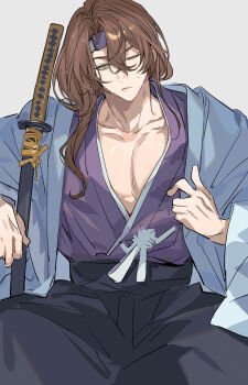 Rule 34 | 1boy, absurdres, black hakama, blue haori, brown hair, closed mouth, collarbone, expressionless, feet out of frame, forehead protector, granblue fantasy, grey background, hair between eyes, hair over shoulder, hakama, haori, head tilt, highres, holding, holding sword, holding weapon, indian style, japanese clothes, katana, keita kg85, large pectorals, long hair, looking at viewer, male focus, muscular, muscular male, one eye closed, orange eyes, partially open shirt, pectoral cleavage, pectorals, purple shirt, sanpaku, sheath, sheathed, shirt, side part, siegfried (granblue fantasy), simple background, sitting, solo, sweat, sword, wavy hair, weapon