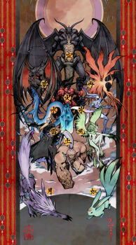 2boys 2girls bahamut_(final_fantasy) beard bird bird_wings blonde_hair blue_gloves blue_hair blue_skin breasts carbuncle_(final_fantasy) claws colored_skin commentary crystal demon diabolos dragon earrings elbow_gloves facial_hair feathered_wings fenrir_(final_fantasy) final_fantasy final_fantasy_xi garuda_(final_fantasy) gloves green_skin half-harpy highres holding holding_staff hoop_earrings ifrit_(final_fantasy) jewelry leviathan_(final_fantasy) long_hair medium_breasts minagawa_fumio multiple_boys multiple_girls mustache official_art phoenix phoenix_(final_fantasy) pointy_ears ponytail ramuh sea_serpent second-party_source shiva_(final_fantasy) staff titan_(final_fantasy) white_skin wings wolf