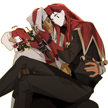 2boys ^_^ absurdres arm_around_waist armband bandaged_hand bandages bell belt black_belt black_pants black_shirt cape cheek-to-cheek chibi chibi_inset closed_eyes closed_mouth commentary_request dagger darkest_dungeon gloves half_mask hand_on_another's_face hat heads_together highres hood hood_up hooded_cape hug jester_(darkest_dungeon) jester_cap knife leper_(darkest_dungeon) long_sleeves male_focus mask multiple_boys on_lap pants partially_fingerless_gloves patchwork_clothes pimonoooo red_gloves red_hat shirt simple_background sitting smile weapon white_background white_cape white_mask