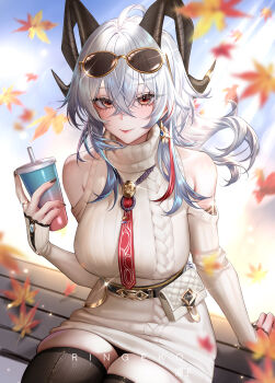 1girl absurdres black_horns black_nails black_thighhighs breasts clothing_cutout commentary cup curled_horns day disposable_cup dress earrings eyewear_on_head falling_leaves grey_dress grey_hair hair_between_eyes highres horns jewelry large_breasts leaf looking_at_viewer necktie official_alternate_costume on_bench ponytail red_eyes red_necktie ringeko-chan shoulder_cutout sitting skindentation solo sunglasses sweater sweater_dress thighhighs turtleneck turtleneck_dress wuthering_waves zani_(downtown_repose)_(wuthering_waves) zani_(wuthering_waves)