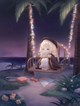 1girl artist_request bag barefoot beach beret black_hat black_robe blonde_hair book bow chibi debbie_(miracle_nikki) dress empty_eyes flower frilled_dress frills game_cg hat hat_tassel highres holding holding_book knees knees_up long_dress long_sleeves looking_at_object medium_hair miracle_nikki monochrome night nikki_(series) ocean official_art on_bench outdoors palm_tree parted_lips path pebble pink_bag pink_flower purple_eyes red_bow road robe round_eyewear sad shoulder_bag sitting skirt sky socks solo star_(sky) starry_sky third-party_source tree unworn_bag unworn_bow unworn_skirt unworn_socks wavy_hair white_dress white_skirt white_socks wide_sleeves yellow-framed_eyewear yellow_flower