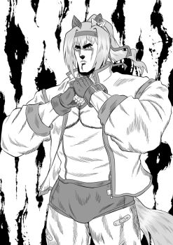 Rule 34 | animal ears, bandaid, bandaid on leg, cracking knuckles, fingerless gloves, gloves, greyscale, gym uniform, hair ribbon, hara tetsuo (style), haru urara (bestest prize) (umamusume), haru urara (umamusume), headband, hiyoko (chick's theater), hokuto no ken, horse ears, horse girl, horse tail, jacket, long hair, monochrome, own hands together, parody, ribbon, shirt, shorts, simple background, standing, tail, thick eyebrows, umamusume, white jacket, white shirt