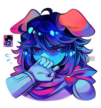 1other ahoge animal_ears armor artist_name blue_hair blue_skin blush colored_skin commentary covering_own_mouth cropped_shoulders deltarune dog_ears english_commentary heart highres kemonomimi_mode kris_(dark_world)_(deltarune) kris_(deltarune) looking_down nanakaiseedling other_focus red_eyes reference_inset screenshot_inset short_hair shoulder_armor simple_background solo sweat utdr_(toby_fox) white_background