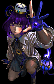 1girl absurdres arm_support arm_up black_background black_dress black_ribbon blue_gloves blue_socks blunt_bangs chandelure closed_mouth coat commentary_request dress eyelashes gen_5_pokemon gloves gwynn_(pokemon) hat highres looking_up neck_ribbon nintendo open_clothes open_coat partially_fingerless_gloves pokemon pokemon_(creature) pokemon_legends:_z-a purple_eyes purple_hair ribbon salvador_(crxa2288) shoes simple_background socks spread_fingers