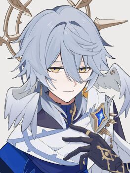 Rule 34 | 1boy, black gloves, brooch, closed mouth, collared shirt, double-parted bangs, ebi mayo03, gloves, grey background, hair between eyes, halo, halo behind head, hand on own chest, head wings, highres, honkai: star rail, honkai (series), jewelry, male focus, medium hair, scarf, shirt, simple background, smile, solo, sunday (honkai: star rail), upper body, white scarf, wings, yellow eyes