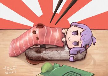 1girl :> artist_name chopsticks closed_mouth dated fish_(food) food hair_ornament in_food long_hair looking_at_another looking_at_viewer lying mini_person minigirl nigirizushi on_back purple_eyes purple_hair rising_sun_flag signature solo soy_sauce sunburst sushi tikubonn tuna under_covers vocaloid voiceroid wasabi yuzuki_yukari