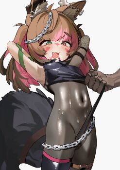 1boy 1girl :3 absurdres animal_ear_fluff animal_ears armpits arms_behind_head arms_up black_bodysuit bodysuit breasts brown_hair chain colored_inner_hair commentary cowboy_shot english_commentary fang fox_ears fox_girl fox_tail green_eyes heterochromia highres indie_virtual_youtuber kani_fish loli long_hair multicolored_hair navel nyudachi open_mouth pink_hair red_eyes second-party_source simple_background small_breasts solo_focus streaked_hair tail thick_eyebrows thighhighs two-tone_hair virtual_youtuber white_background