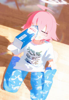 1girl absurdres ahoge alternate_costume animal_print bandaid bandaid_on_cheek bandaid_on_face blue_archive blue_pants bm_tol closed_eyes commentary drink_carton drinking fish_print halo highres hoshino_(blue_archive) milk_carton on_floor pants pink_hair pink_halo shirt short_hair short_sleeves sitting solo translation_request wariza white_shirt wooden_floor