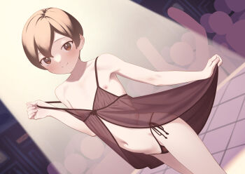 1girl black_panties blush brown_eyes brown_hair crowd flat_chest highres loli looking_at_viewer marine_(sagano_yuuji) navel nightgown nipples original panties sagano_yuuji see-through_clothes short_hair side-tie_panties smile solo stage stage_lights strap_pull underwear