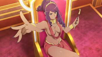1girl anime_coloring arm_up bracelet breasts convenient_censoring curly_sidelocks danmachi_battle_chronicle dark-skinned_female dark_skin dungeon_ni_deai_wo_motomeru_no_wa_machigatteiru_darou_ka earrings eyeshadow from_above game_cg gold_bracelet gold_necklace gold_tiara highres holding holding_smoking_pipe ishtar_(danmachi) jewelry kiseru long_sidelocks makeup medium_breasts navel necklace non-web_source official_art open_mouth parted_bangs pink_lips purple_eyes purple_eyeshadow purple_hair purple_nails reaching reaching_towards_viewer red_sarong revealing_clothes sarong short_hair sidelocks sitting_on_throne smoking_pipe solo stomach