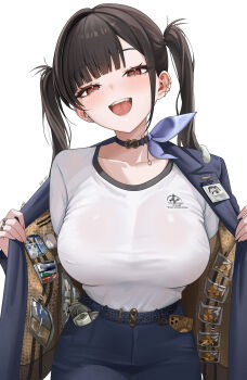 1girl abpart absurdres artist_name black_choker black_hair blue_pants blunt_bangs blush breasts choker collarbone fangs fingernails goddess_of_victory:_nikke highres id_card jacket jewelry large_breasts long_hair long_sleeves looking_at_viewer mole mole_under_eye money open_clothes open_jacket open_mouth opened_by_self pants parted_bangs phone red_eyes ring shirt shirt_tucked_in simple_background single_earphone smile solo sora_(nikke) teeth tongue twintails upper_body upper_teeth_only white_background white_shirt