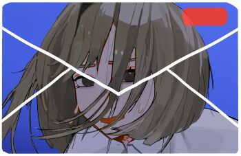 1girl adversarial_noise black_eyes blue_background bob_cut collared_shirt commentary_request envelope grey_hair highres medium_hair meiru_(yu_ni_taro) open_mouth original portrait shirt solo split_screen sweat white_shirt yu_ni_taro