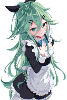 1girl alternate_costume apron black_dress black_ribbon blush breasts cleavage commentary_request cowboy_shot dress enmaided fathom framed_breasts frilled_apron frills green_eyes green_hair hair_between_eyes hair_ornament hair_ribbon hairclip highres kantai_collection long_hair long_sleeves looking_at_viewer maid medium_breasts ponytail ribbon solo waist_apron white_apron yamakaze_(kancolle)
