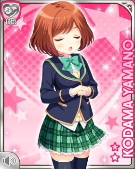 1girl :o blue_jacket bow brown_eyes brown_hair button closed_eyes female_focus girlfriend_(kari) green_bow green_skirt jacket looking_at_viewer music official_art open_mouth own_hands_together pink_background plaid_clothes plaid_skirt qp:flapper shirt singing skirt solo standing tagme white_shirt yamano_kodama