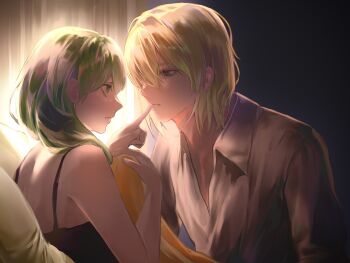 Rule 34 | 1boy, 1girl, black camisole, blonde hair, breasts, camisole, collared shirt, commentary request, couple, dimitri alexandre blaiddyd, dimitri alexandre blaiddyd (timeskip), female byleth (awakened) (fire emblem), female byleth (fire emblem), fire emblem, fire emblem: three houses, from behind, from side, green eyes, green hair, hair between eyes, hetero, highres, looking at another, medium hair, nintendo, official alternate eye color, official alternate hair color, shirt, short hair, ujiji0401, white shirt