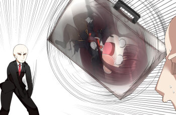 Rule 34 | 1girl, 2boys, agent 47, bag, bald, crossover, emphasis lines, formal clothes, gameplay mechanics, girls' frontline, highres, hitman (game), in bag, in container, jacket, multiple boys, myumyutain, o o, open mouth, purple hair, suit, suitcase, throwing, throwing person, wa2000 (girls' frontline), x-ray