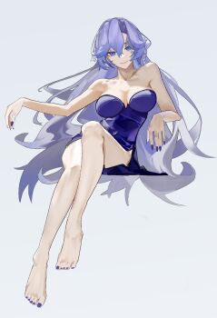 1girl alternate_costume bare_legs bare_shoulders barefoot breasts cantarella_(wuthering_waves) chinese_commentary cleavage closed_mouth commentary_request dress dududadududaqwq facial_mark feet fingernails full_body grey_background hair_between_eyes highres invisible_chair large_breasts legs long_hair looking_at_viewer mark_under_eye nail_polish purple_dress purple_eyes purple_hair purple_nails simple_background sitting smile solo strapless strapless_dress toenail_polish toenails toes wuthering_waves