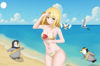 1girl beach bird blonde_hair blue_eyes boat bow bra cloud cloudy_sky commission highres indie_virtual_youtuber looking_at_viewer panties pengin_pina penguin prism_project renhiraoka12 ribbon sky solo standing striped_bra striped_clothes striped_panties sun underwear underwear_only virtual_youtuber water watercraft