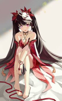 1girl absurdres bare_legs bare_shoulders barefoot bell black_choker black_gloves black_hair breasts choker collarbone commentary_request convenient_hand criss-cross_halter dress feet flower-shaped_pupils fox_mask full_body gloves grey_background halterneck highres honkai:_star_rail honkai_(series) idangyang knees_up legs long_hair looking_at_viewer mask mask_on_head nail_polish neck_bell on_ground open_mouth pink_eyes red_dress red_nails revision shadow single_glove sitting small_breasts solo sparkle_(honkai:_star_rail) symbol-shaped_pupils toenail_polish toenails toes twintails very_long_hair wide_sleeves