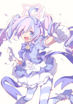1girl :d absurdres ahoge blue_archive bow bowtie clenched_hand commentary_request dress gloves hair_ornament halo highres incoming_attack incoming_punch long_hair looking_at_viewer magical_girl multicolored_hair official_alternate_costume open_mouth pink_hair puffy_short_sleeves puffy_sleeves punching purple_bow purple_bowtie purple_dress purple_eyes purple_hair purple_shoes purple_thighhighs reisa_(blue_archive) reisa_(magical)_(blue_archive) shoes short_sleeves smile solo star_(symbol) star_hair_ornament streaked_hair striped_clothes striped_thighhighs thighhighs two-tone_hair two-tone_thighhighs very_long_hair white_background white_gloves white_halo white_thighhighs white_wrist_cuffs wing_hair_ornament wrist_cuffs youguo_naberu