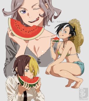 1girl 3girls bikini black_hair black_necktie breasts commentary_request eating feet food fruit hat highres holding holding_food holding_fruit holding_watermelon iwado_anna kamezaemon multicolored_hair multiple_girls necktie original short_hair solo split-color_hair straw_hat streaked_hair swimsuit toes watermelon watermelon_slice