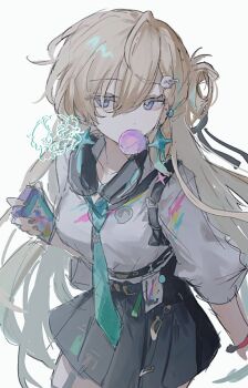 1girl black_ribbon black_skirt blonde_hair blowing_bubble_gum blue_eyes blue_necktie chewing_gum commentary ear_piercing earrings english_commentary hair_between_eyes hair_ornament hair_ribbon headphones headphones_around_neck high-waist_skirt highres inagoinaire jewelry long_hair looking_at_viewer looking_to_the_side lynae_(wuthering_waves) multicolored_hair necktie piercing ribbon shirt shirt_tucked_in skirt skull_hair_ornament solo star_(symbol) star_earrings streaked_hair white_shirt wuthering_waves