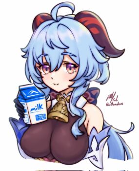 1girl ahoge bare_shoulders bell black_gloves blue_hair bodystocking bodysuit breasts brown_bodysuit brown_eyes brown_horns closed_mouth commentary cowbell cropped_torso detached_sleeves drink_carton english_commentary ganyu_(genshin_impact) genshin_impact gloves goat_horns hair_between_eyes highres holding holding_milk_carton horns large_breasts long_hair looking_at_viewer milk_carton neck_bell rotomdocs sidelocks simple_background sleeveless sleeveless_bodysuit smile solo white_background white_sleeves