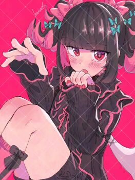 1girl alternate_costume artist_name black_dress black_hair blush bow_legwear colored_inner_hair commentary_request dress frilled_dress frills hanada_(cobalt003) highres knees_up looking_at_viewer multicolored_hair open_mouth pink_socks red_background red_eyes red_nails rokudu_sariel short_twintails socks solo sparkling_eyes twintails white_wings wings zenless_zone_zero