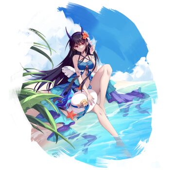 1girl ares_(benghuai_xueyuan) bare_shoulders barefoot benghuai_xueyuan bikini black_hair blue_bikini blue_sky breasts cleavage cloud flower full_body hair_flower hair_ornament hairband hat hat_flower honkai_(series) long_hair official_alternate_costume official_art orange_hair purple_eyes sitting sky soaking_feet solo swimsuit transparent_background water yellow_flower