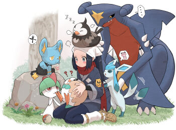 1girl ? ?? akari_(pokemon) black_hair black_pantyhose black_shirt blush_stickers brown_footwear closed_mouth commentary_request eyelashes flower flying_sweatdrops garchomp gen_3_pokemon gen_4_pokemon gen_7_pokemon glaceon grass grey_eyes grey_jacket grey_skirt headscarf highres hisuian_poke_ball jacket long_hair loose_socks mameroku nintendo pantyhose poke_ball pokemon pokemon_(creature) pokemon_legends:_arceus puff_of_air ralts rock rowlet shinx shirt shoes sidelocks sitting skirt socks starly white_headscarf white_headwear white_pantyhose