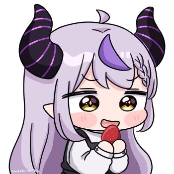 1girl :d ahoge black_dress blush_stickers braid braided_bangs brown_eyes chibi commentary_request demon_horns dress fang food grey_hair hands_up holding holding_food hololive horns la+_darknesss long_hair long_sleeves looking_down mochimiko multicolored_hair open_mouth pointy_ears puffy_long_sleeves puffy_sleeves purple_hair shirt signature simple_background sleeveless sleeveless_dress smile solo streaked_hair very_long_hair virtual_youtuber white_background white_shirt
