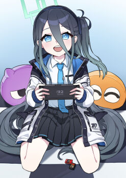 1girl :d absurdly_long_hair absurdres aris_(blue_archive) black_hair black_hairband black_skirt blue_archive blue_eyes blue_necktie bright_pupils checkered_floor collared_shirt full_body game_cartridge hair_between_eyes hairband halo handheld_game_console highres holding jacket long_hair long_sleeves looking_at_viewer missing_commentary necktie nintendo_switch_2 on_floor one_side_up open_clothes open_jacket open_mouth playing_games pleated_skirt school_uniform shirt sitting skirt smile solo teeth upper_teeth_only very_long_hair wariza white_pupils white_shirt zfj