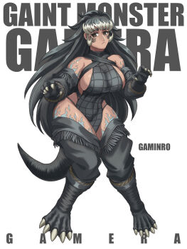 1girl arm_tattoo baggy_pants black_hair body_markings boots breasts brown_eyes claws cosplay daiei_motion_picture dark-skinned_female dark_skin detached_sleeves english_text facial_mark facial_tattoo fanged_bangs fire_tattoo g-string gamera gamera,_the_giant_monster gamera_(series) gloves grey_hair highres humanization jinri_shijie kaiju leg_tattoo leotard loincloth long_hair medium_breasts monster_girl multicolored_hair pants personification revealing_clothes shoulder_tattoo sideboob simple_background tail tattoo thick_thighs thighs thong turtle_girl turtle_tail two-tone_hair whale_tail_(clothing) white_background