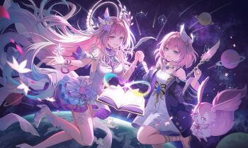 Rule 34 | absurdres, aqua hair, bare shoulders, blue eyes, book, breasts, cellphone, coat, cyrene (demiurge) (honkai: star rail), cyrene (honkai: star rail), cyrene (philia093) (honkai: star rail), diamond-shaped pupils, diamond (shape), dress, flower, hair flower, hair ornament, halo, hashtag-only commentary, hayun, high heels, highres, holding hands, honkai: star rail, honkai (series), jewelry, long hair, medium breasts, mem (honkai: star rail), multicolored hair, multiple persona, necklace, open book, phone, pink hair, planet, planetary ring, purple coat, purple eyes, smartphone, smile, space, symbol-shaped pupils, very long hair, white dress