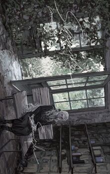 1boy bench black_coat black_vest book coat collared_shirt commission full_body highres long_hair male_focus neck_ribbon open_book open_door original overgrown revol4357 ribbon shelf shirt sideways sitting solo vest white_hair white_shirt