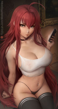 1girl absurdres ahoge barbell_piercing black_panties black_thighhighs breasts cellphone choker cleavage covered_erect_nipples covered_piercing crop_top high_school_dxd highres holding holding_phone large_breasts looking_at_viewer meekohopanes nail_polish navel navel_piercing nipple_bar nipple_piercing nipples panties patreon_logo patreon_username phone piercing red_hair rias_gremory see-through_clothes sitting smartphone solo tank_top thick_thighs thighhighs thighs thong underwear watermark web_address