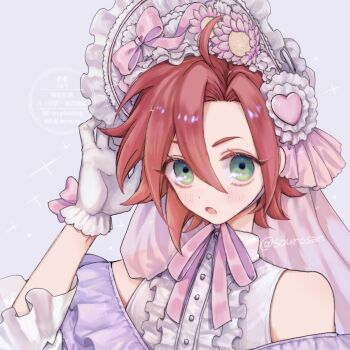 1boy bare_shoulders bonnet center_frills commentary_request crossdressing crossdressing_(mtf) frills gloves green_eyes grey_background hair_between_eyes hand_up highres idol_time_pripara lolita_fashion looking_at_viewer male_focus neck_ribbon open_mouth pink_ribbon pretty_series pripara red_hair ribbon short_hair solo takase_koyoi teruteru-san upper_body white_gloves