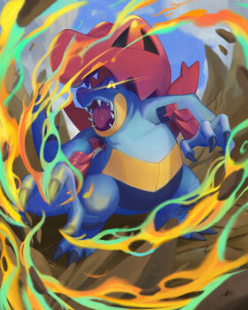 absurdres blue_sky claws commentary_request day debris fayth2412 feraligatr full_body gen_2_pokemon highres hood mega_feraligatr mega_pokemon nintendo no_humans open_mouth outdoors pokemon pokemon_(creature) pokemon_focus rock sharp_teeth signature sky solo spines teeth tongue yellow_eyes