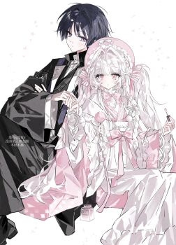 Rule 34 | 1boy, 1girl, alternate costume, apron, artist request, black hair, black hakama, black haori, black pants, black shoes, black sleeves, blunt bangs, blunt ends, blush, bonnet, bow, bowtie, closed mouth, commission, commissioner insert, couple, eyelashes, eyeliner, frilled apron, frilled headwear, frilled sleeves, frills, genshin impact, hair bow, hair intakes, hakama, hand up, haori, hat, hayami momo (hayamimomo), hetero, high collar, highres, holding, holding hands, japanese clothes, kimono, lapels, layered sleeves, long hair, long sidelocks, long sleeves, looking at another, makeup, mole, mole under eye, nail polish, nail polish brush, oc x canon, open mouth, original, pants, pink bow, pink bowtie, pink eyes, pink hat, pink kimono, pink sleeves, pom pom (clothes), purple eyes, red eyeliner, scaramouche (genshin impact), second-party source, shawl, shirt, shoes, sidelocks, sitting, star (symbol), translation request, tsurime, turtleneck, turtleneck shirt, two side up, undershirt, very long hair, white apron, white background, white bow, white shawl, white shirt, white sleeves, wide sleeves, wispy bangs