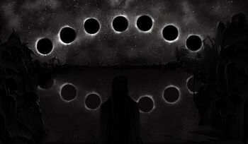 1boy 6+others absurdres animal black_cloak cloak eclipse from_behind gloxartx highres knight long_hair male_focus multiple_moons multiple_others shadow_slave sky space star_(sky) starry_sky sunny_(shadow_slave)