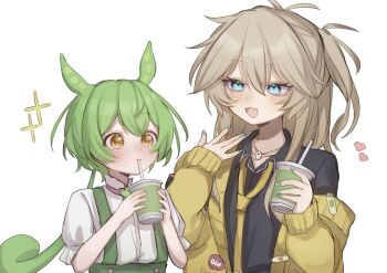 Rule 34 | 2girls, aegyo sal, ahoge, animal ears, aqua eyes, aqua nails, arazan (ara arazan24), black shirt, blonde hair, blush, cardigan, collared shirt, commission, cup, disposable cup, drinking straw, fang, frilled sleeves, frills, green hair, green shorts, hair between eyes, heart, holding, holding cup, jewelry, kasukabe tsumugi, long hair, long sleeves, looking at another, loose necktie, low ponytail, magatama, magatama necklace, mole, mole under eye, multiple girls, nail polish, necklace, necktie, one side up, open cardigan, open clothes, open collar, open mouth, ponytail, puffy sleeves, shirt, shorts, simple background, skeb commission, skin fang, smile, sparkle, suspender shorts, suspenders, voicevox, white background, white shirt, yellow cardigan, yellow eyes, yellow necktie, zundamon