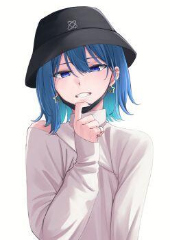 1girl black_hat blue_eyes blue_hair commentary earrings grin hand_up hat highres hololive hoshimachi_suisei jewelry kurokawa_rikuu looking_at_viewer mask mask_pull mouth_mask ring shirt simple_background smile solo star_(symbol) star_earrings symbol-only_commentary turtleneck upper_body white_background white_shirt