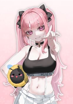 Rule 34 | 1girl, armpits, baegsaeg waesyong, black bow, black choker, black sports bra, bow, breasts, choker, commentary request, cowboy shot, grin, hair bow, hand on own hip, highres, holding, holding stuffed toy, honey churros, indie virtual youtuber, korean commentary, large breasts, long hair, navel, no shirt, outline, outstretched arm, pink background, pink eyes, pink hair, pleated skirt, skirt, smile, solo, sports bra, stomach, stuffed animal, stuffed toy, twintails, very long hair, virtual youtuber, white outline, white skirt, wispy bangs
