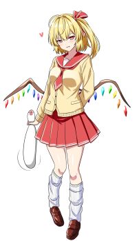 1girl absurdres alternate_costume arms_behind_back artist_self-insert loose_socks blonde_hair blush bow breasts cardigan commentary crystal crystal_wings fang flandre_scarlet full_body hair_bow heart highres holding kneehighs loafers long_sleeves looking_at_viewer multicolored_wings open_mouth pleated_skirt red_bow red_eyes red_sailor_collar red_skirt rise_(rise19851203) sailor_collar shoes simple_background skirt smile socks solo touhou white_background white_socks wings yellow_cardigan