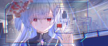 1girl absurdres cityscape commentary_request crying crying_with_eyes_open dot_nose earrings gem grey_hair high_collar highres jewelry light_blush long_bangs long_hair looking_at_viewer mornye_(wuthering_waves) portrait purple_gem red_eyes screen solo tears triangle_earrings user_chck8547 user_interface wuthering_waves