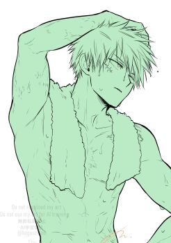 Rule 34 | 1boy, absurdres, bakugou katsuki, boku no hero academia, hand on own head, highres, male focus, monochrome, oroshi mi, scar, short hair, solo, toned, toned male, topless male, towel, towel around neck, upper body, wet, white background