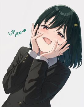 1girl absurdres black_hair black_skirt commentary_request fang grey_background highres looking_at_viewer love_live! love_live!_nijigasaki_high_school_idol_club mifune_shioriko nijigasaki_school_uniform open_mouth school_uniform shirt short_hair simple_background skirt solo tata_(tataice) tongue tongue_out upper_body white_shirt yellow_eyes