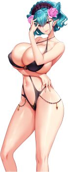 absurdres akagi_rio aqua_hair arka_hellmare arm_under_breasts bad_tag black_headdress breasts chain chuunibyou cleavage closed_mouth cone_hair_bun covered_erect_nipples double_bun earrings flower game_cg hair_bun hair_flower hair_ornament hand_on_own_face highres huge_breasts jewelry looking_at_viewer masochism mole mole_under_eye motto!_haramase!_(series) motto!_haramase!_honoo_no_oppai_isekai_oppai_maid_gakuen! navel non-web_source o-ring o-ring_swimsuit one-piece_swimsuit pink_flower pointy_ears red_eyes short_hair sidelocks skindentation smile standing swimsuit tachi-e wavy_hair