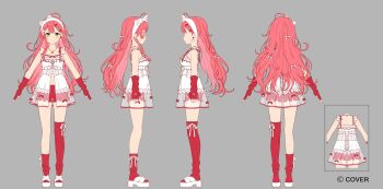 1girl absurdres ahoge animal_ear_hairband animal_ears asymmetrical_legwear babydoll bow cat_ear_hairband cat_ears commentary_request copyright_name double-parted_bangs fake_animal_ears fingerless_gloves frilled_babydoll frilled_shorts frills front_slit full_body gloves green_eyes grey_background hair_between_eyes hair_bow hairband highres hololive jewelry long_hair looking_at_viewer messy_hair mochipuyo_(canvas_mochi) multiple_views navel necklace official_alternate_costume official_alternate_hairstyle official_art red_gloves red_shorts red_thighhighs reference_sheet ribbed_gloves ribbed_thighhighs sakura_miko sakura_miko_(loungewear) sandals short_shorts shorts simple_background single_off_shoulder single_sidelock single_sock single_thighhigh sleeves_past_wrists smile socks solo thighhighs turnaround uneven_legwear virtual_youtuber white_babydoll white_sandals